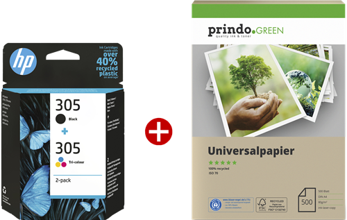 HP 305 czarny / różne kolory value pack + Prindo Green Recyclingpapier 500 Blatt